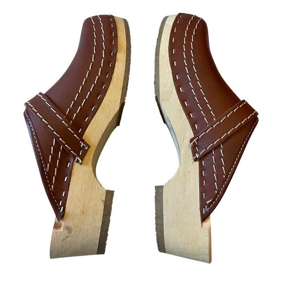 Simson Brown Leather Wood Sole Women's Clogs Slip On Size 38 EU / 7 US - Picture 6 of 10